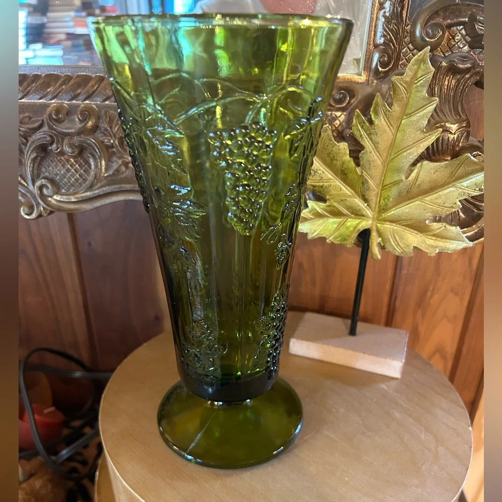Indiana Glass Olive Green Pressed Glass Grape Motif Vase